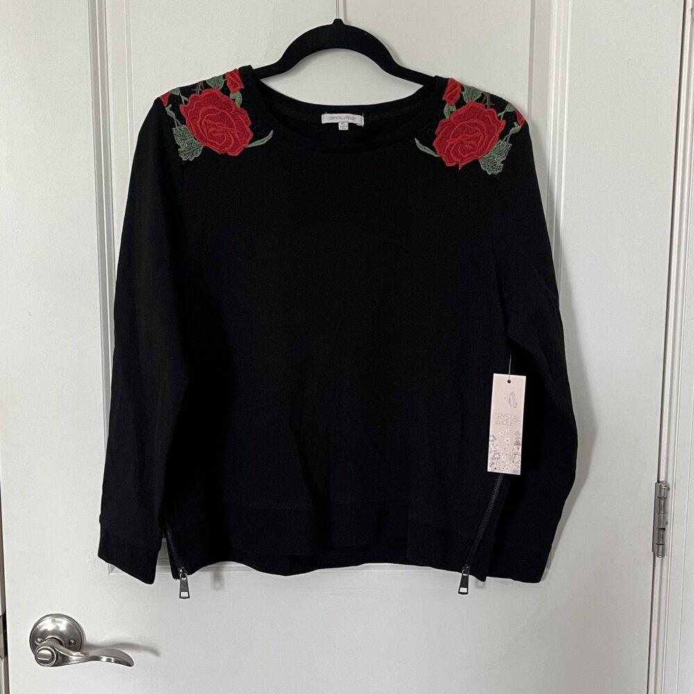 Crystal & Violet Women's Black Top With Rose Embroidered Shoulder & Back, Zip